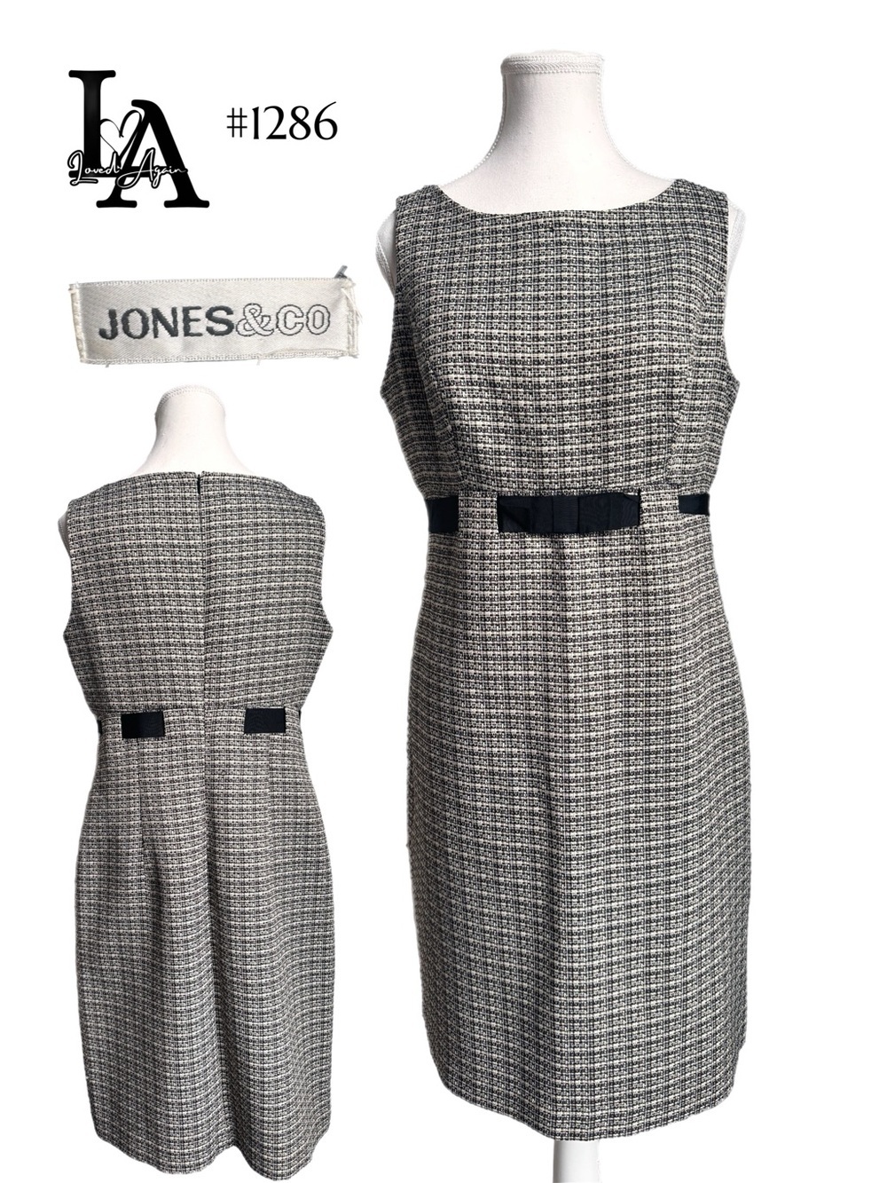 Jones&Co. Gray Tweed Sheath Dress with Black Waist Bow | Event  | Dress-up day